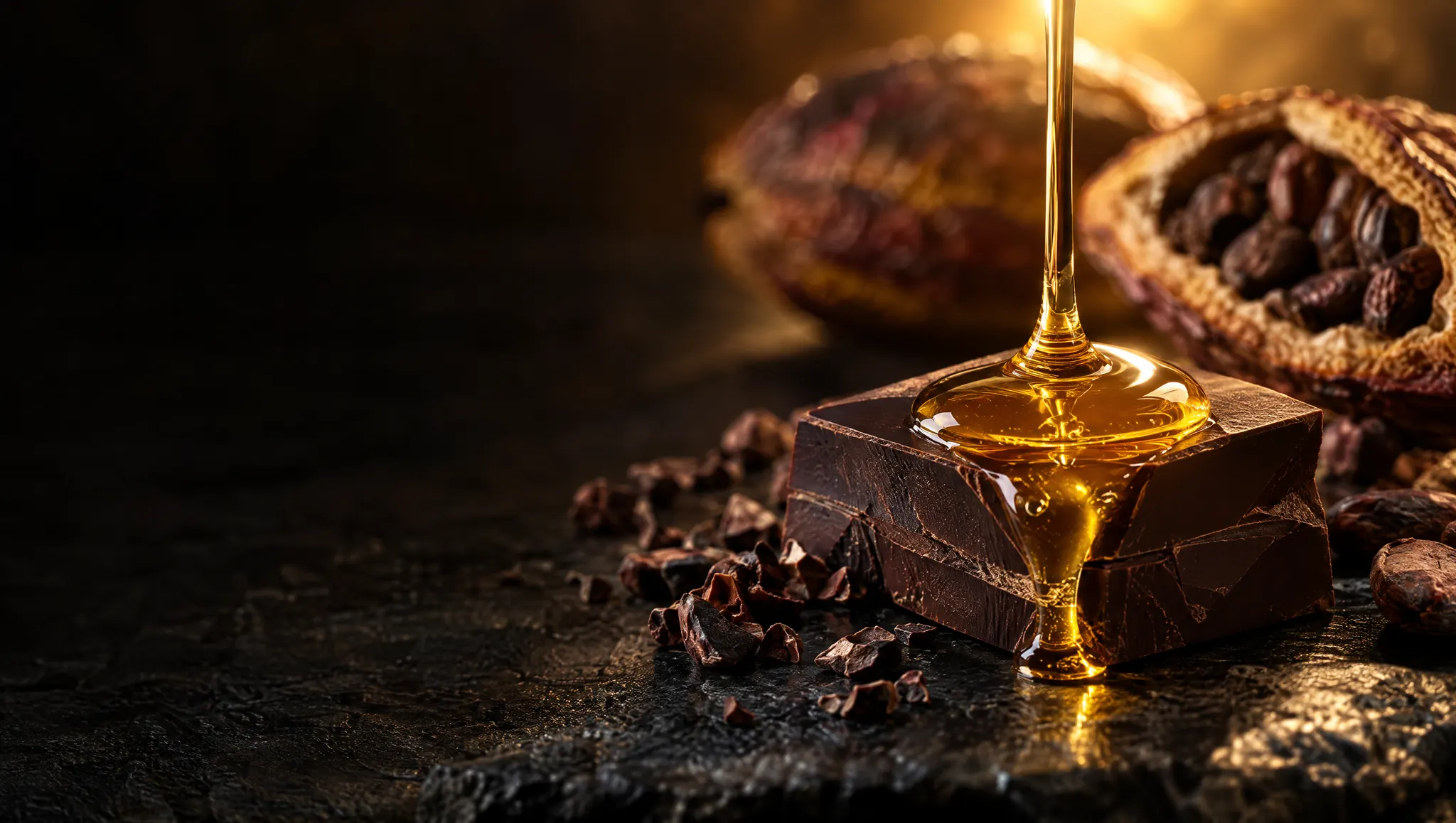 Honey pouring onto dark chocolate