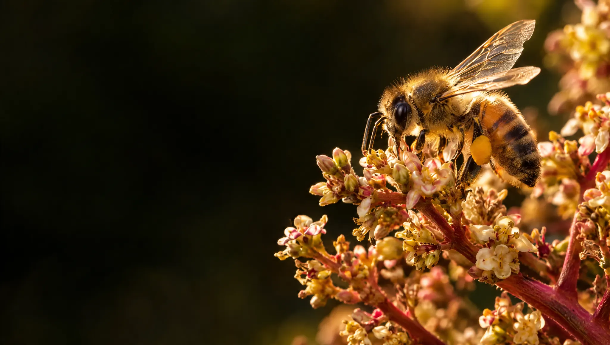 Bee foraging on a mango blossom panicle