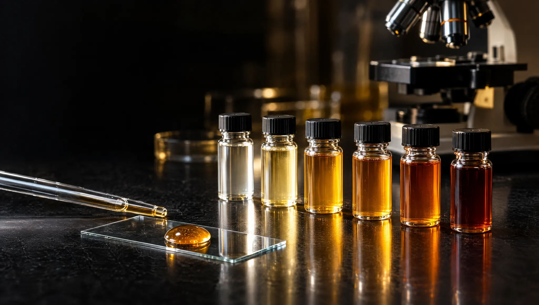 Honey vials and a microscope slide in a laboratory