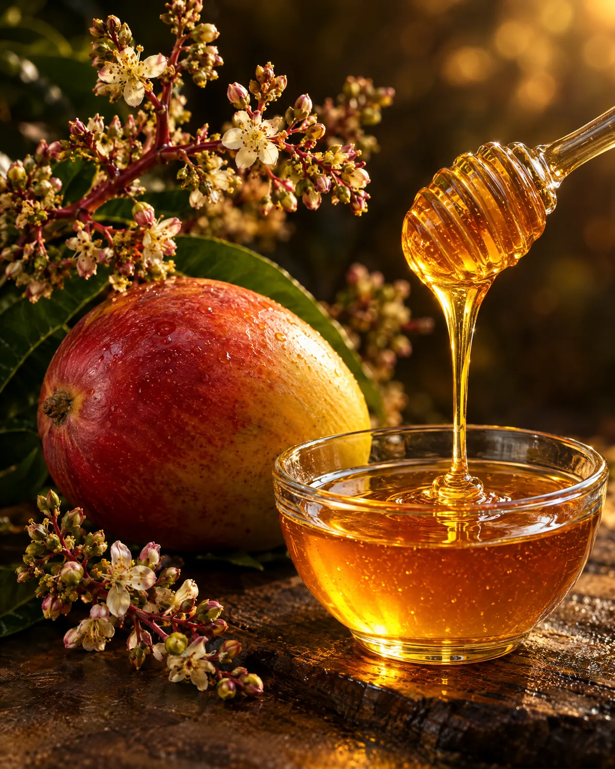 Mango fruit, mango blossoms and golden honey