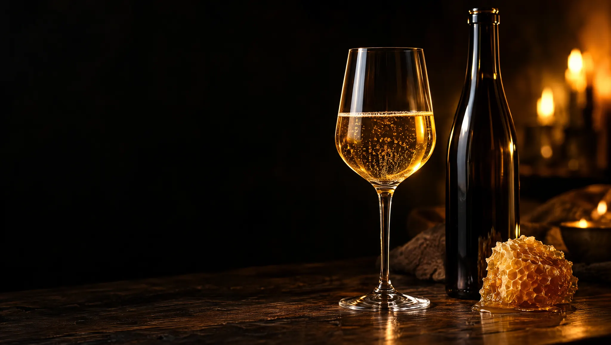 A glass of golden mead beside a bottle