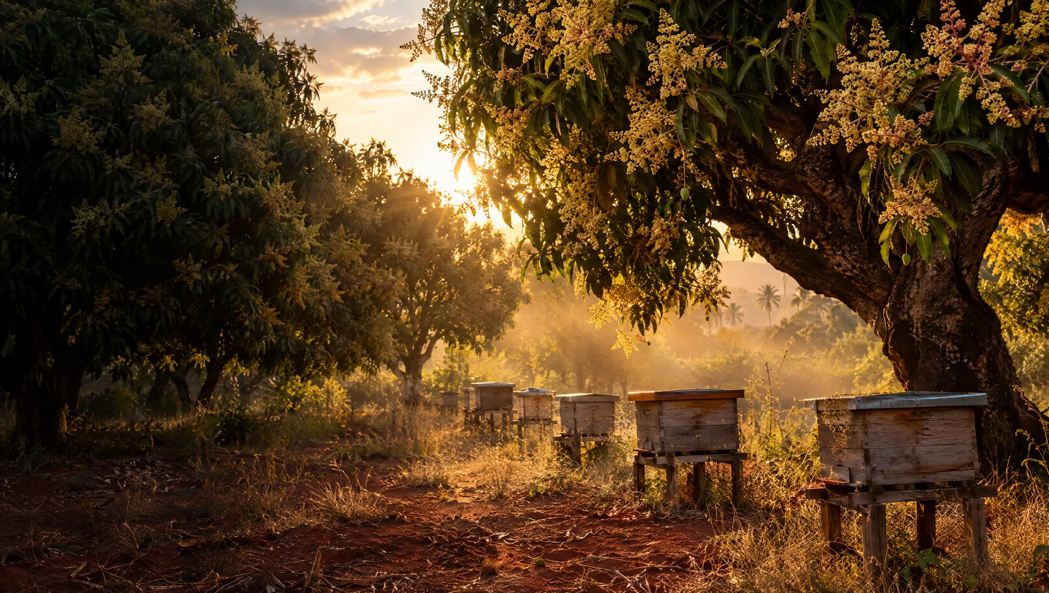 Beehives in a flowering mango orchard at golden hour